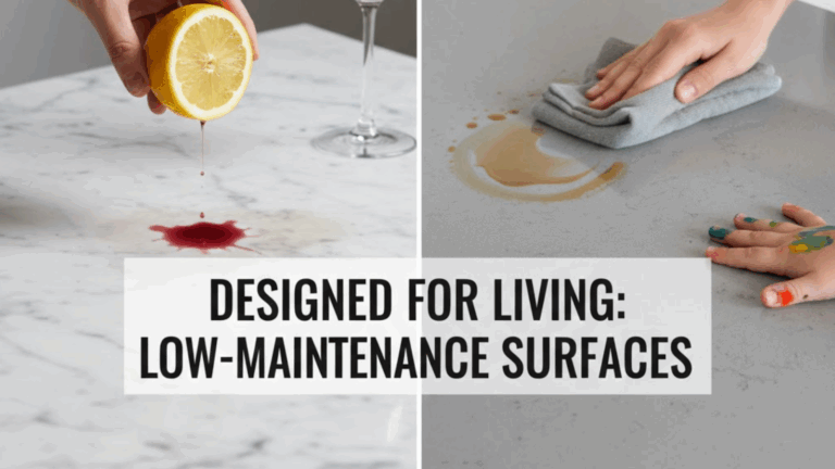 low-maintenance engineered quartz or sealed granite worktop in a busy kitchen area