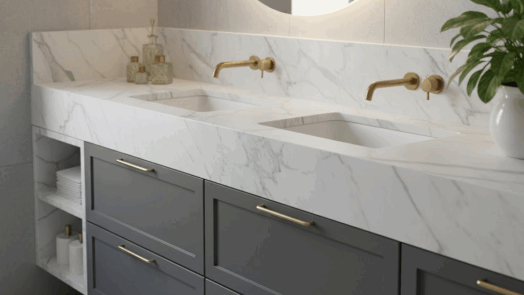 A bright and luxurious bathroom vanity featuring a double sink integrated into a white marble-effect worktop
