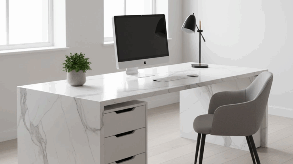 Minimalist home office desk crafted from a sleek white stone worktop (marble-effect quartz