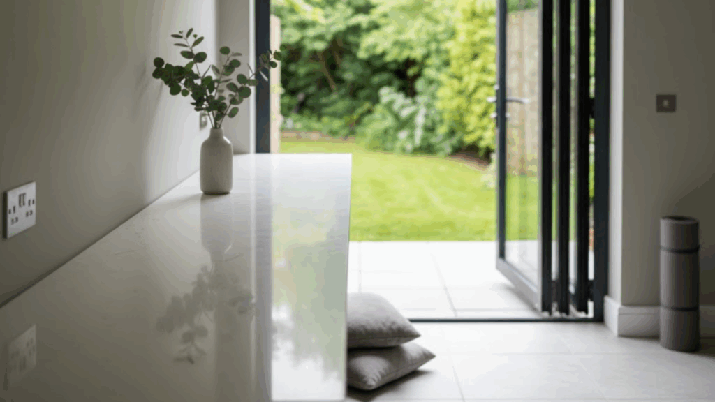 Serene garden room featuring a glossy, light-colored stone worktop