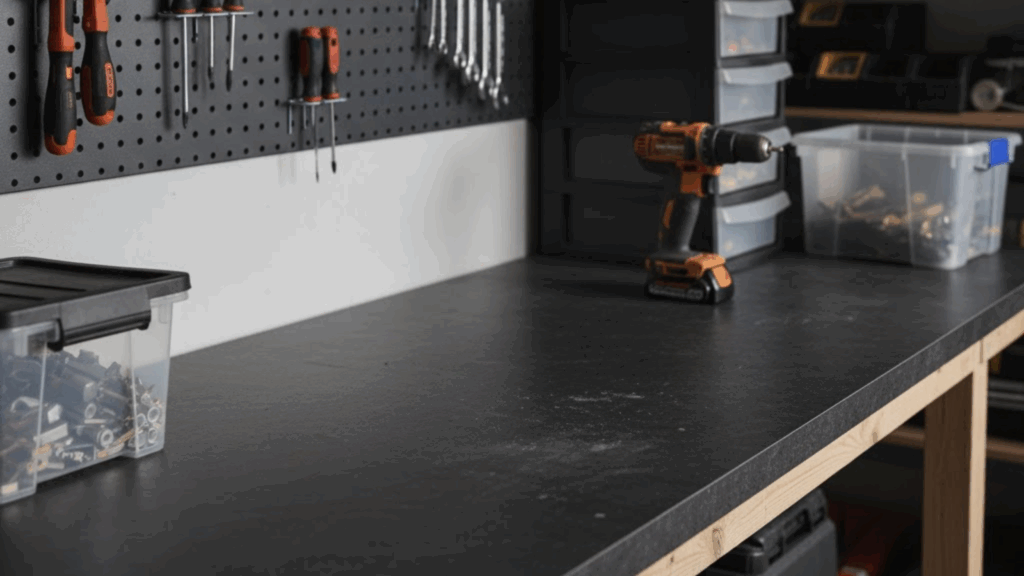 A functional workshop or garage area with a robust, dark worktop surface