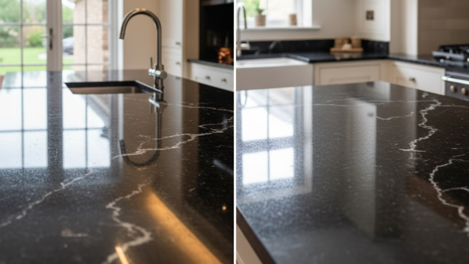 Comparison of polished vs. honed black granite worktop finishes in a modern kitchen, highlighting light reflection and subtle texture differences for bespoke kitchen design