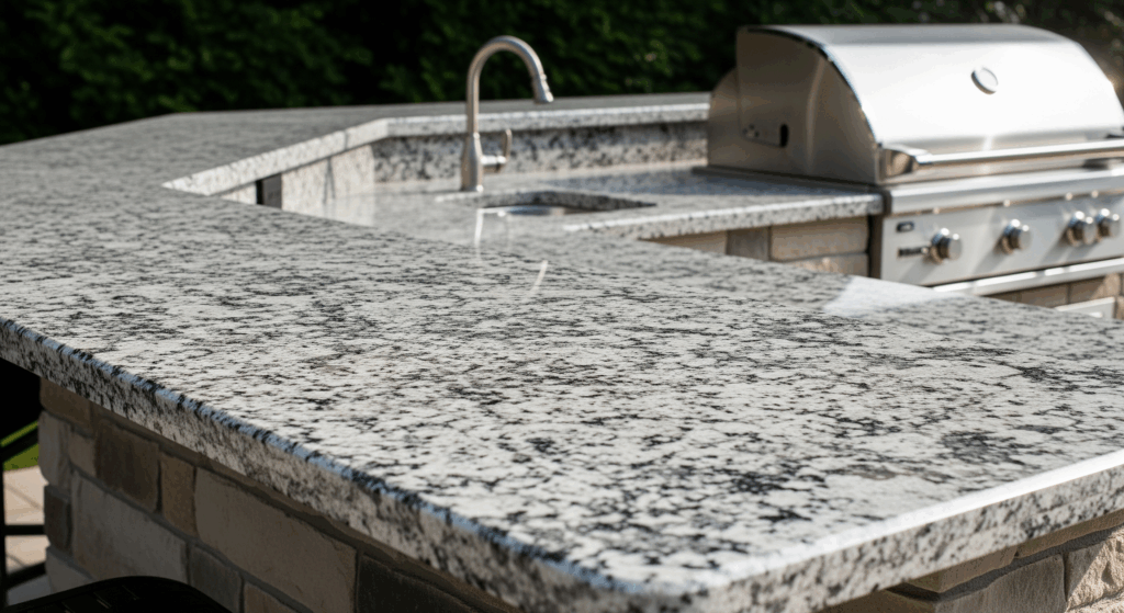 A close-up of a polished granite outdoor kitchen countertop with a speckled texture of black, gray, and white