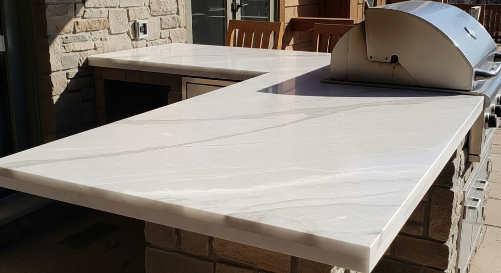 A light-colored quartzite outdoor kitchen countertop with a luminous, crystalline surface, integrated with a grill