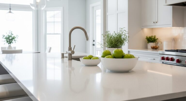 A modern kitchen countertop made of smooth, light gray color with a matte finish, featuring a built-in grill and sink.