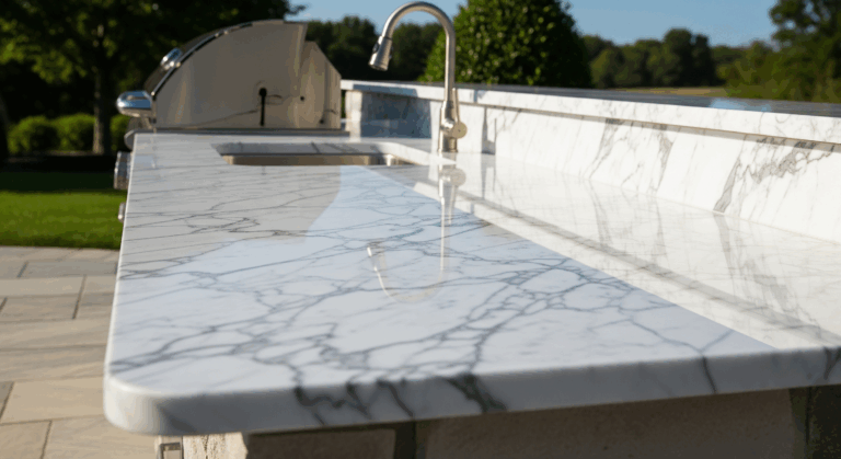 A polished white marble outdoor kitchen countertop with intricate gray veining and a built-in sink and grill