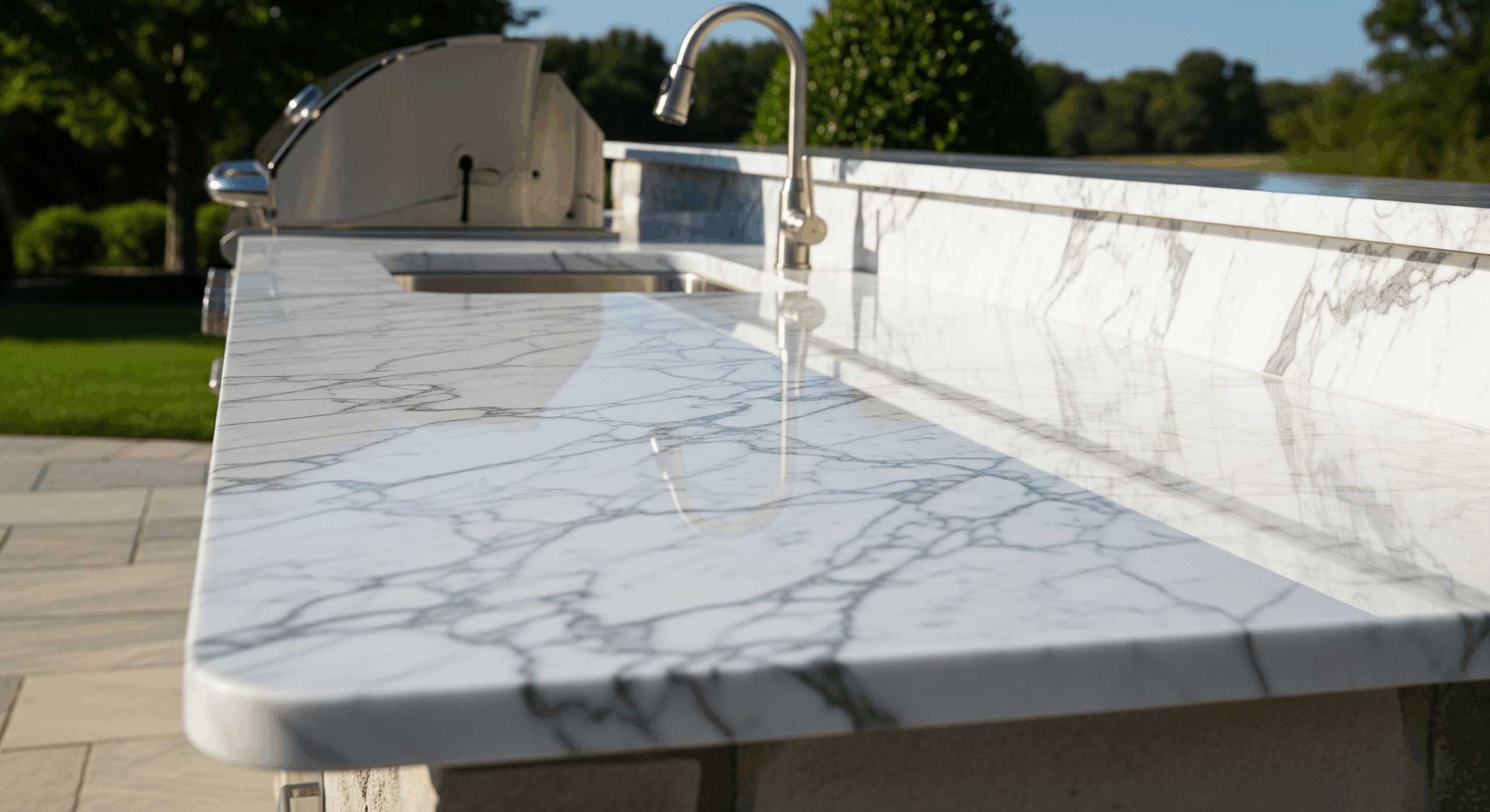 A polished white marble outdoor kitchen countertop with intricate gray veining and a built-in sink and grill