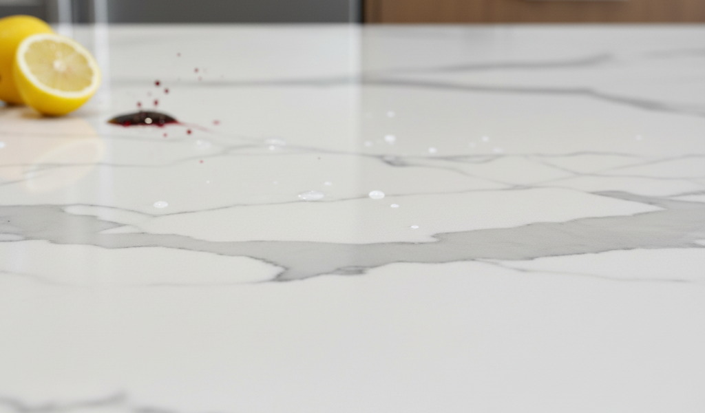 Close-up of a white marble effect quartz worktop with a dramatic grey vein, illustrating the stain and scratch resistance of marble quartz countertops with spilled liquids and lemons