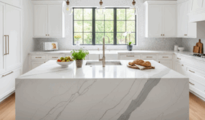 Elegant kitchen with a large island featuring white marble effect quartz worktop and subtle grey veining, showcasing durable veined quartz countertops