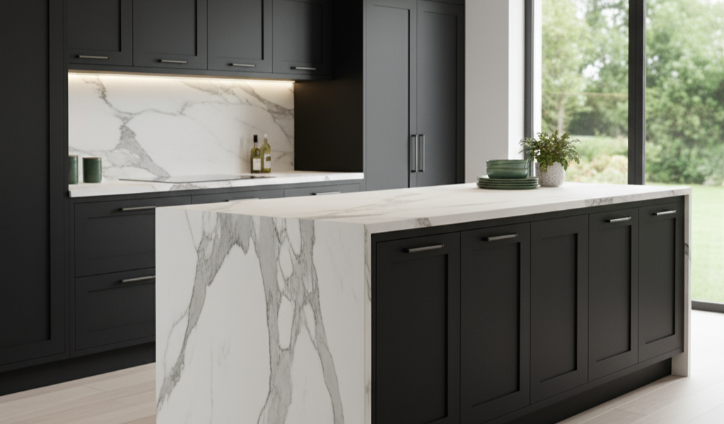 Modern black kitchen cabinets with worktop and island