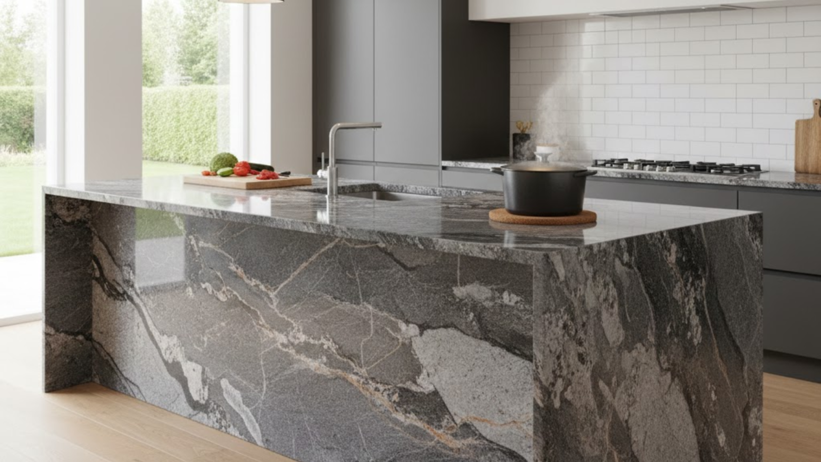 Modern kitchen island with durable granite worktop, perfect for a contemporary home renovation