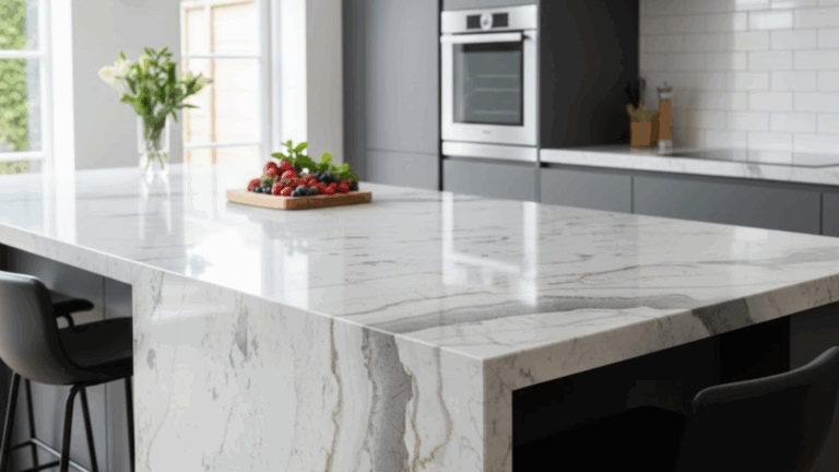 Stunning quartzite kitchen island worktop with natural veining in a modern UK kitchen