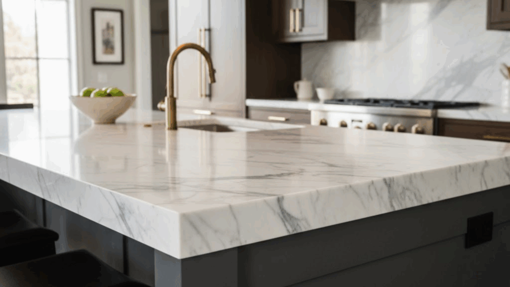 large Carrara marble island worktop with a seamless waterfall edge