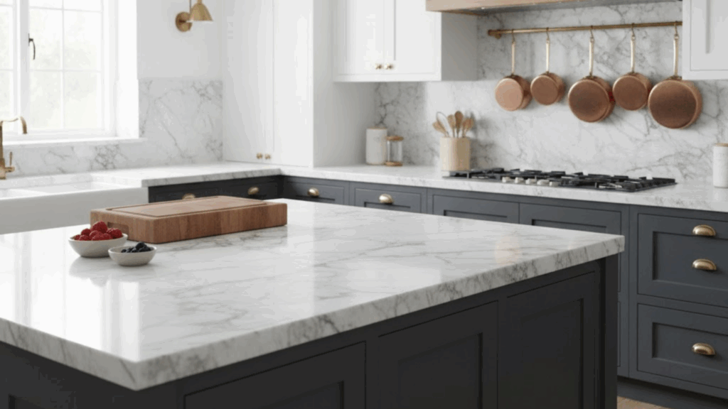 A beautifully designed kitchen featuring Carrara marble worktops