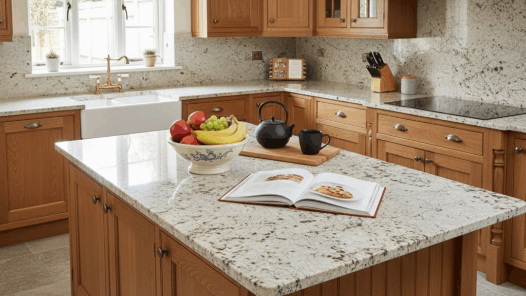 Transitional kitchen featuring elegant traditional granite worktops and splashback