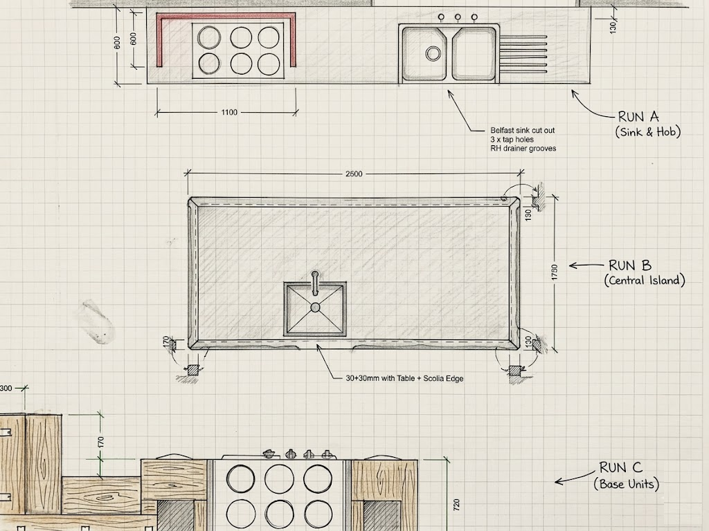 Kitchen layout sketch showing how to label worktop runs before measuring