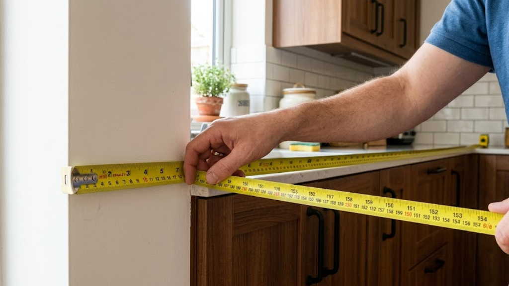 Measuring the length of a kitchen worktop run against the wall